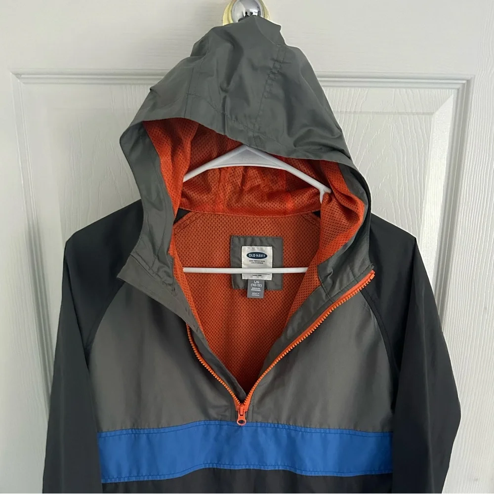 ✨2/$28✨ Old Navy Gray, Orange & Blue Striped Windbreaker Jacket•L